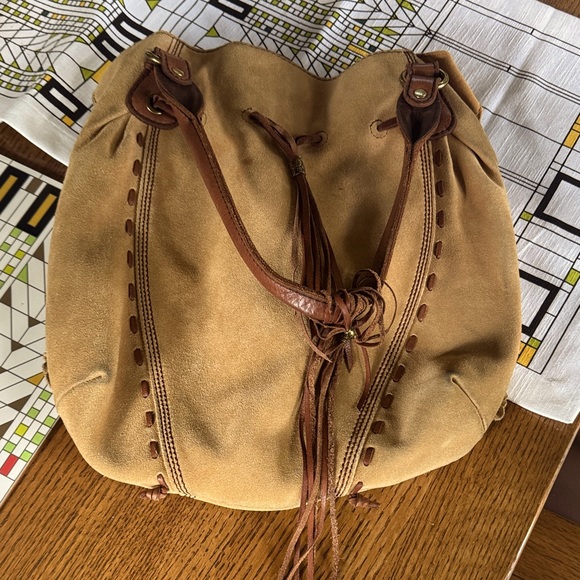 Tan Suede Bucket Bag with Brown Leather Accents - Picture 1 of 9